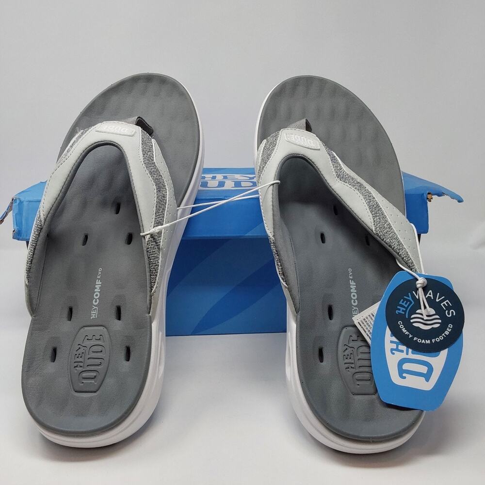 HEYDUDE HEY2O Flip Flop Mesh Mens 13 White Grey Water Sandals 45968 New Tags